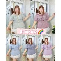 ราคา RN707.เสื้อสาวอวบพลัสไซส์ ลายทางเรนโบว์ รุ่นเปิดไหล่อก38-48“ (43478990587)