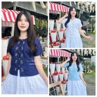 ราคา เสื้อผ้าฝ้าย คอกลม ผู้หญิง งานปักดอกทิวลิป แต่งกระดุมทอง ผ้าสวย อยู่ทรง (53156163348)