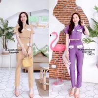 ราคา ชุดเซท เสื้อครอป คอปก แขนสั้น + กางเกงขายาว สีม่วง เสื้อผ้าแฟชั่น ชุดทำงาน 13437 (7048856816)