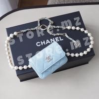ราคา [พร้อมส่ง/ของแท้] CHANEL LAMBSKIN BELT BAG ON CHAIN AND IMITATION PEARLS LIGHT BLUE (22372054277)