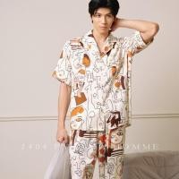 ราคา 1404 ชุดนอนผ้าไหมซาตินผู้ชายเสื้อสั้นกางเกงขายาวลายครีม / N0001-3 (55658062444)