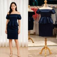 ราคา ชุดไปงานแต่ง คนอ้วนใส่สวยชุดราตรีสั้นพร้อมส่ง ชุดราตรีสั้น เปิดไหล่ สีน้ำเงินกรม ใส่แล้วผอม pfs101 (24547301305)