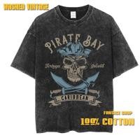 ราคา Cotton 100% Washed Vintage Tee, Baju T shirt Lelaki, Caribbean Pirate Bay Skull, เสื้อยืดระบายอากาศ Oversize, MT (47857997825)