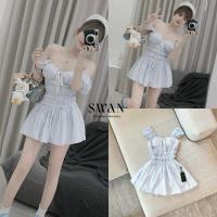 ราคา Swan Studio :เดรสสั้นโทนสีฟ้าอ่อนลายทางดีไซน์หวาน ตัวเสื้อทรงปาดไหล่แต่งระบายช่วงอกเพิ่มความน่ารักพร้อมแต่งโบว์ด้านหน้า (25598007483)
