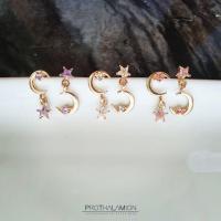 ราคา Korea Cute Moon Star with Diamond Earrings ต่างหู ตุ้มหู เกาหลี รูป ดาว พระจันทร์ เสี้ยว สีทอง เพชร ใส ชมพู ม่วง น่ารัก (1630368140)
