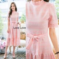 ราคา เดรสลูกไม้สีชมพูรับวาเลนไทน์!!! S-4XL Maxi Dress เดรสสีชมพูโอรสผ้าลูกไม้ฉลุลาย+สายผูกเอว งานป้าย Love Love (12848039175)