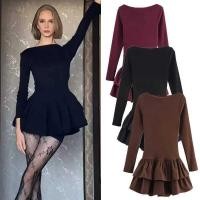 ราคา C Women's Dresses Solid Color Long Sleeve Mini Dresses For Women Red Brown Black Tierred Ruffle A-E (46758751951)
