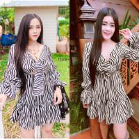 ราคา CS13323 เดรสสั้นลายม้าลายอกผูกโบว์ Zebra print short dress with bow tie (6846388681)