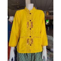 ราคา เสื้อเชิ้ตแขนสามส่วนคอตั้งสีเหลืองปักลาย เสื้อพื้นเมืองใส่ทำงานสำหรับผู้หญิง S-3xl (27552995442)