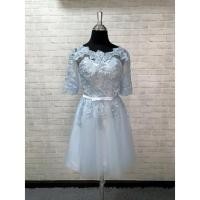 ราคา ชุดลูกไม้ เดรสสั้น เดรสสีฟ้า ราตรีมือสอง ชุดออกงาน ชุดสานหลัง (size:XS-S/อก 30-32) (15288133750)