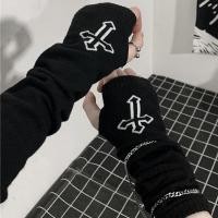 ราคา Punk EMO Style Streetwear Women Wrist Arm Warmer Knitted Long Fingerless Gloves Black Mitten Halloween Cross Gloves Dark Moon (13245979322)