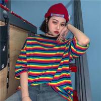 ราคา พร้อมส่ง เสื้อยืดOversizeลายทางสีรุ้ง (3719563653)