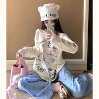 ราคา เสื้อยืดแขนยาวคอกลมสำหรับผู้หญิงสไตล์เกาหลี ทรงเข้ารูป พิมพ์ลายแมวการ์ตูนน่ารัก ทำจากผ้าเนื้อเบาและสวมใส่สบาย (40179362949)