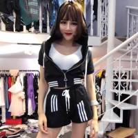 ราคา Set เสื้อแขนสั้นมีฮู้ด+กก.ขาสั้นแต่งแถบแนวสปอร์ต เนื้อผ้าแมงโก้หนา (1456954808)