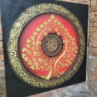 ราคา รูปวาด 60x60cm ภาพเฟรมผ้าใบ ต้นโพธิ์ทองพื้นแดง ภาพมงคล painting canvas (13177198140)