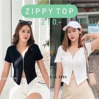 ราคา ZIPPY TOP❤️ เสื้อครอปแขนสั้นไหมพรมแต่งซิปรูดหน้า Lalapis official (6090418642)