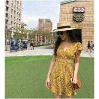 ราคา เดรสลายดอกไม้สีเหลือง ป้ายหน้าผูกเอวใส่สบาย (1317446979)