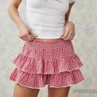 ราคา Joeyjoy-womens Tiered Ruffled กระโปรงสั้นลายสก๊อตพิมพ์เอวสม็อค Lacy Trim กระโปรงมินิน่ารัก (28926394211)