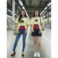 ราคา เสื้อยืด เสื้อแฟชั่น งานป้าย Jew_Berry [#1104]เสื้อยืดสีพื้นคอกลมแขนสั้นสกีนรูปผู้หญิง แว่นตาสีเหลืองรีดเพชร ต่างหูเพชร (42763674306)