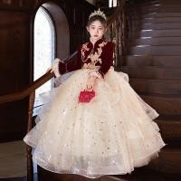 ราคา ชุดเดรสเด็กผู้หญิงสีไวน์แดง กำมะหยี่ ดีไซน์หรูหรา สำหรับงานพิเศษ (45559066212)