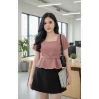 ราคา เสื้อคอเหลี่ยม เสื้อใส่ทำงาน คาดเข็มขัด สีอิฐ AMITY SHOP (43109042095)