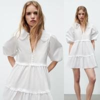 ราคา cop ZARA dress with Peter Pan collar เดรสผ้าฝ้ายคอวี ปกลูกไม้ แขนสามส่วน สีขาว (13590105012)