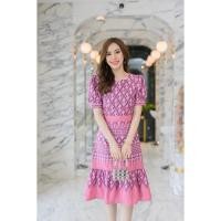 ราคา เดรสผ้าไทยใส่ทำงาน ผ้าฝ้ายพิมพ์ลายไทย (สีชมพู) (28358257676)
