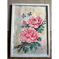 ราคา ภาพวาดดอกโบตั๋นสีแดง สีชมพู ภาพวาดดอกไม้ ขนาด29.7x42 cm วาดด้วยสีน้ำ พร้อมกรอบแขวนได้ตั้งได้ (28578943752)