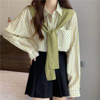 ราคา พร้อมส่งเสื้อเชิ้ตแขนยาวลายทางสีเขียวเกาหลี + ผ้าคลุมไหล่แฟชั่นคอปกโปโลหลวมเสื้อทำงานบาง 3 สี (18249565621)