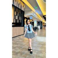 ราคา เซทเสื้อลายริ้วผูกกระโปรงอัดพลีทสีเทา (41708822264)