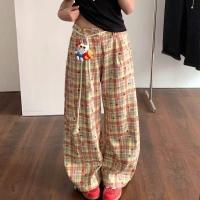 ราคา Retro American Lazy Style Drawstring Wide-Leg Machete Mid-Low Waist Thin Style Plaid Casual Pants (42503155422)