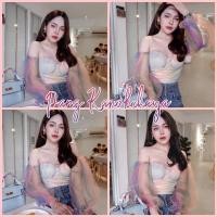 ราคา ↬ (emoji)(emoji) Crop top. เกาะอกเปิดไหล่ ผ้ามุงตาข่าย ลาย เรนโบว์ (emoji)ดีเทลแต่งแขนพองๆ สวมง่ายมีซิป (20658529215)