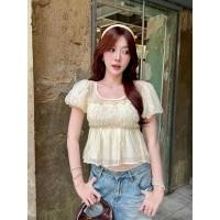 ราคา เสื้อแขนตุ๊กตาสีพื้นพาสเทล น่ารัก ผ้าใยแก้ว แต่งจีบระบายตรงอก มีซับใน (45359109903)