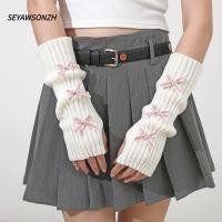 ราคา SEYAWSONZH Bow Fingerless Gloves, Y2K Cute Bowknot Long Knit Arm Warmers, Fashion Thicken Arm Sleeves Autumn (40980565019)