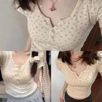 ราคา เสื้อครอปลายดอกไม้สไตล์เกาหลี(8901) เสื้อครอปตัวจิ๋วลายดอกไม้ เสื้อครอป ครอปสั้น ครอปลายดอก (28010823530)