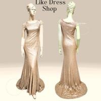 ราคา Baby online dress Used M ชุดราตรียาวหางลากปักเลื่อมสีชมพูโอรส 34-29-39 ยาว 60-72 (28558147449)