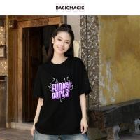 ราคา เสื้อยืดสีดำ Oversize ปริ้นตัวอักษรเปลวไฟสีม่วง | 210g Street Funky Gurls สบาย (ผ้าฝ้าย) ส่งฟรี2ชิ้น 0316 (52101853720)