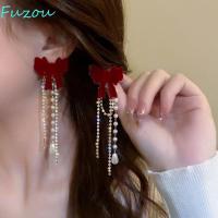 ราคา FUZOU ต่างหูห้อย, ต่างหูโบว์มุก Rhinestone เงา, พู่โบว์หรูหราสีแดง Rose ต่างหูสไตล์เกาหลีหญิง (45859333011)