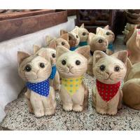 ราคา แมวไม้แกะสลักงานไม้จามจุรีผูกผ้าพันคอหลากสี (29270536779)