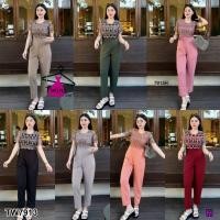 ราคา MF7913 Jumpsuit ชุดจั้มสูทขายาว แขนสั้น งานลูกไม้ลายมงกุฏตัดต่อเป็นทรงคอป ตัวจั้มสูทเป็นงานผ้าบลูเวฟ (2823967105)