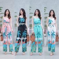 ราคา ชุดเซตน่ารักๆ ชุดไปเที่ยวทะเล เสื้อครอปสายเดี่ยว ลายต้นมะพร้าว มาพร้อมกางเกงขายาวผูกโบว์เอว นางแบบใส่งานจริง ตรงปก (27358707312)