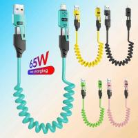 ราคา 4 สายชาร์จเร็วแบบสปริงรถยนต์ in 1 Type C 6A Micro USB แบบยืดหดได้ สั้น สำหรับ iPhone iPad Samsung Xi (52251197517)