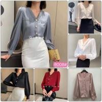 ราคา เสื้อแขนยาว เสื้อเบลาส์ ผ้าซาติน คอวี แต่งด้วยลูกไม้ กระดุมมุก ไซส์ 42" Satin Blouse เสื้อทำงาน (5076075676)