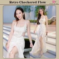 ราคา Retro Checkered Flow Set เดรสยาวผ้าชีฟองพิมพ์ลาย สายเดี่ยวปรับสายได้ เว้าเอวมีเชือกผูกเอว กระโปรงยาวผ่าหน้า+เข็มกลัดดอก (40904801653)