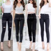 ราคา ป้าย wow shop กางเกงยีนส์เอวสูง สีดำสนิท ทรงเดฟผ้ายืด (11714387095)
