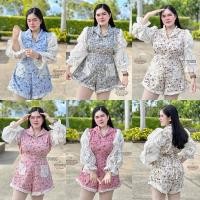 ราคา สาวอวบ จั๊มสาวอวบ จั๊มสูทขาสั้น ลายดอกจิ๋ว แขนลูกไม้ อก 38 40 42 44 45 (19638963834)