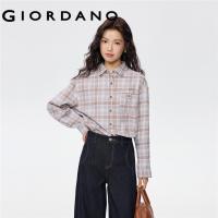 ราคา GIORDANO WOMEN 100% Cotton Flannel Plaid Woven Long-Sleeve Shirt with Single Pocket 05345876 (26693272059)