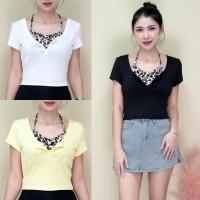 ราคา เสื้อครอปแขนสั้นด้านในแต่งสายเดี่ยวผูกคอลายเสือ รุ่นคอติดกระดุม สไตล์เกาหลี เนื้อผ้าเรยอน ยืดได้เยอะ สาวอวบใส่ได้ (41222547700)