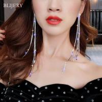 ราคา BLIJERY New Silver Color Rhinestone Crystal Long Tassel Earrings for Women Bridal Dangling Drop Earrings Brincos Wedding (40825677507)