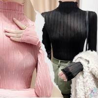 ราคา เสื้อคอสูงแขนยาว ซีทรูอัดย่นลายริ้วนูน 3 สี ขอบหยักๆ (23787347833)
